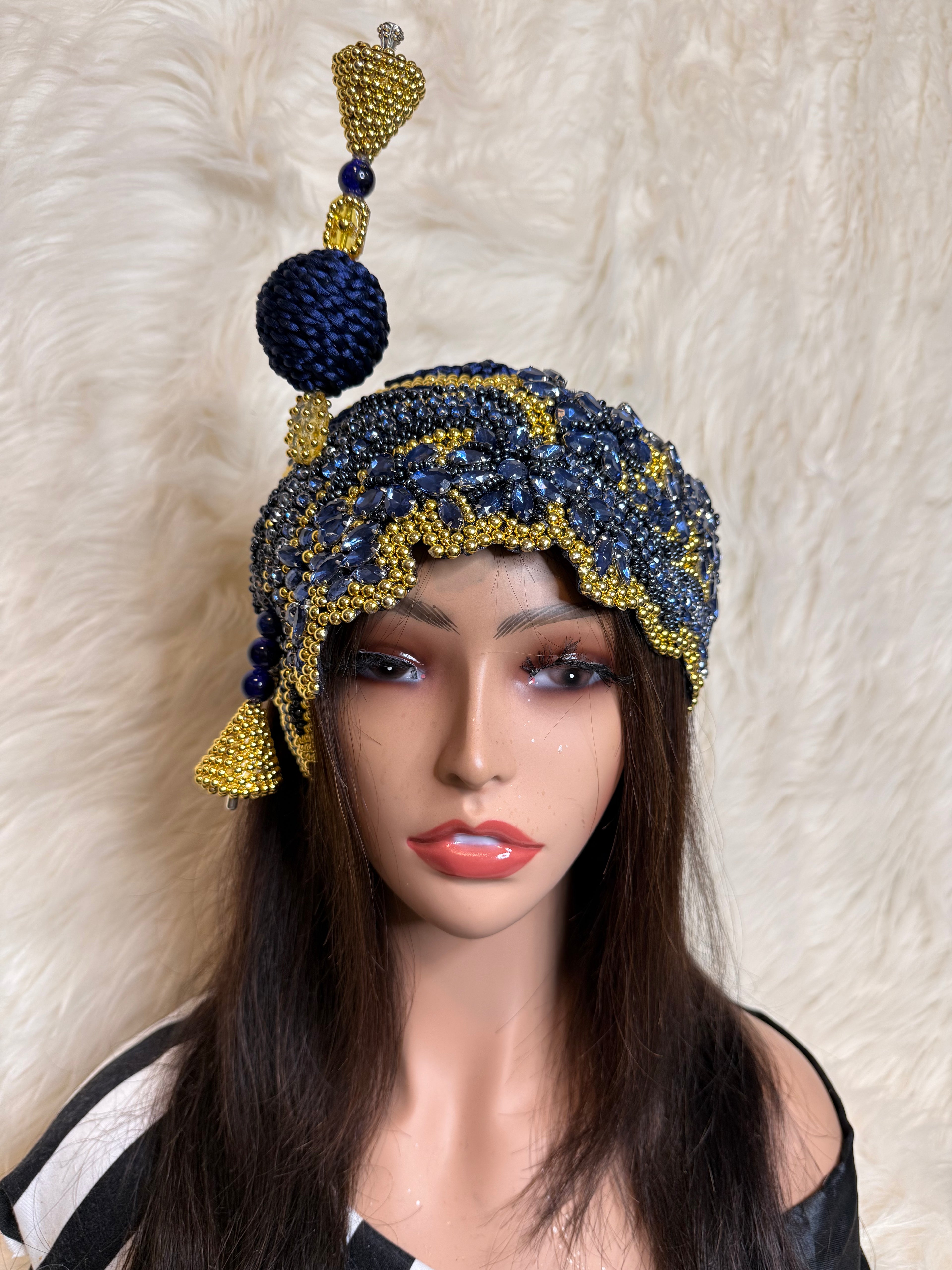 Gold Pearls and Navy Blue Crystal Hat (3/4 Hat)
