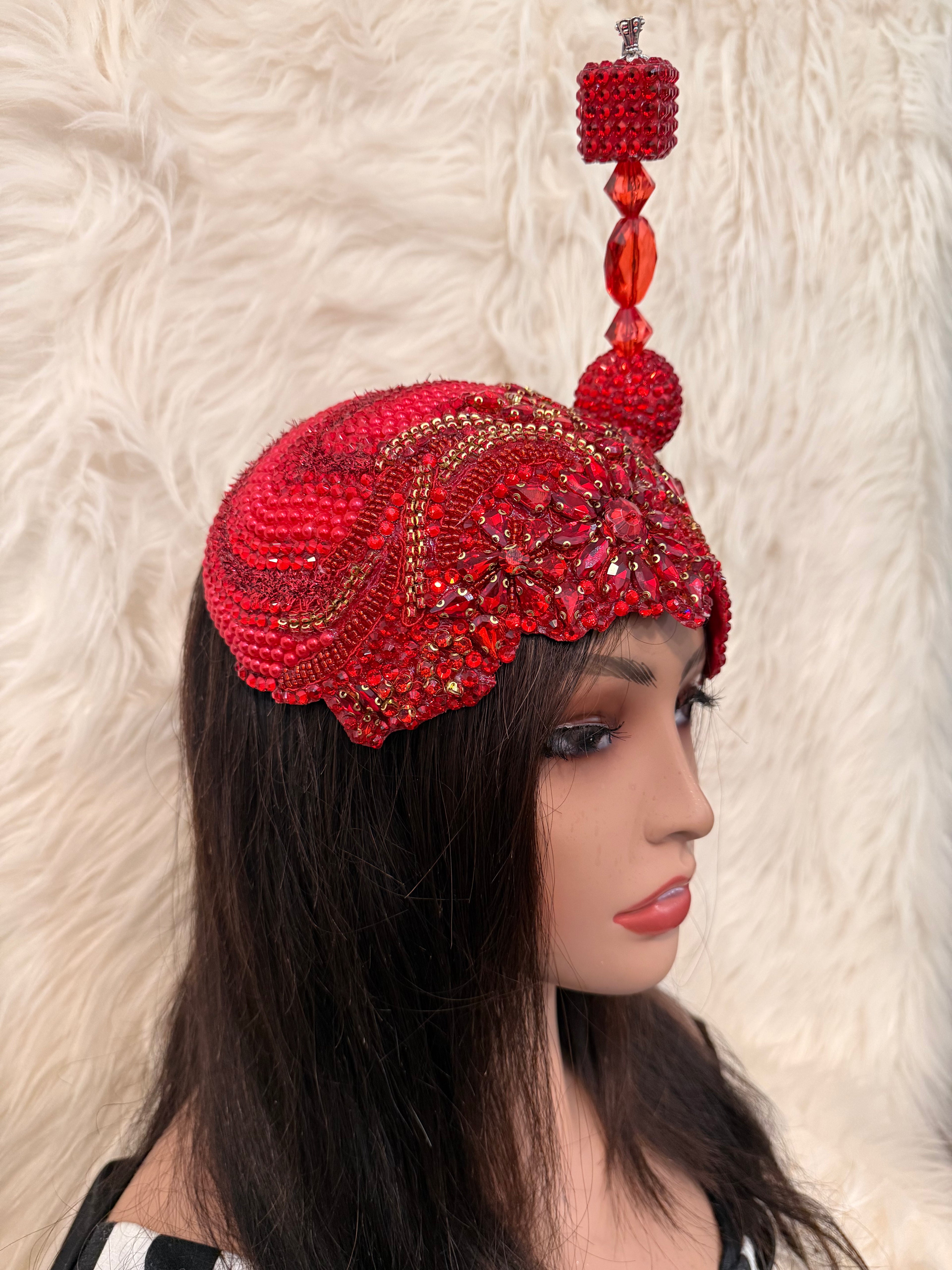 Ruby Red and Gold / w Oversize Hat Pin (3/4 Hat)