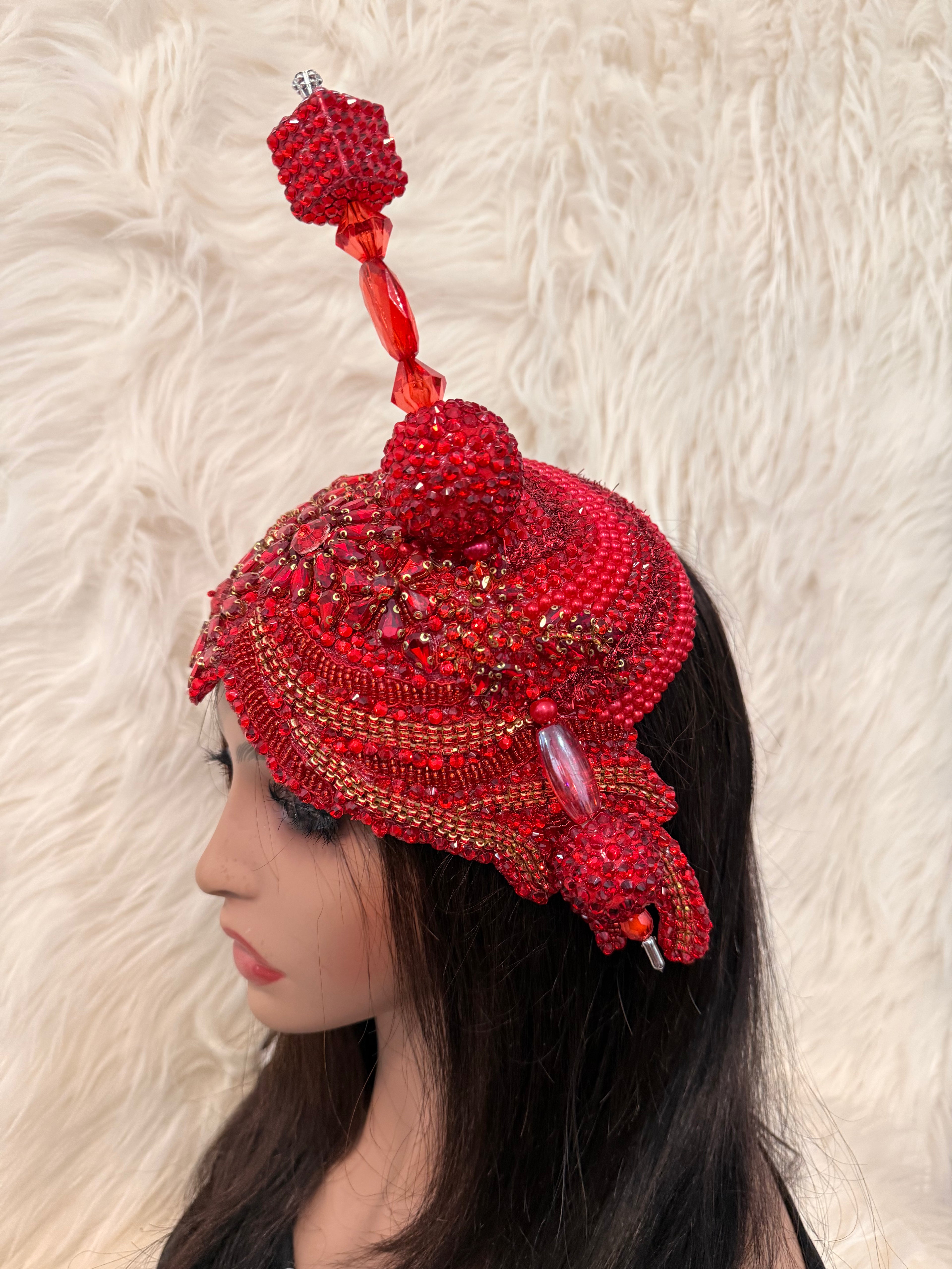 Ruby Red and Gold / w Oversize Hat Pin (3/4 Hat)