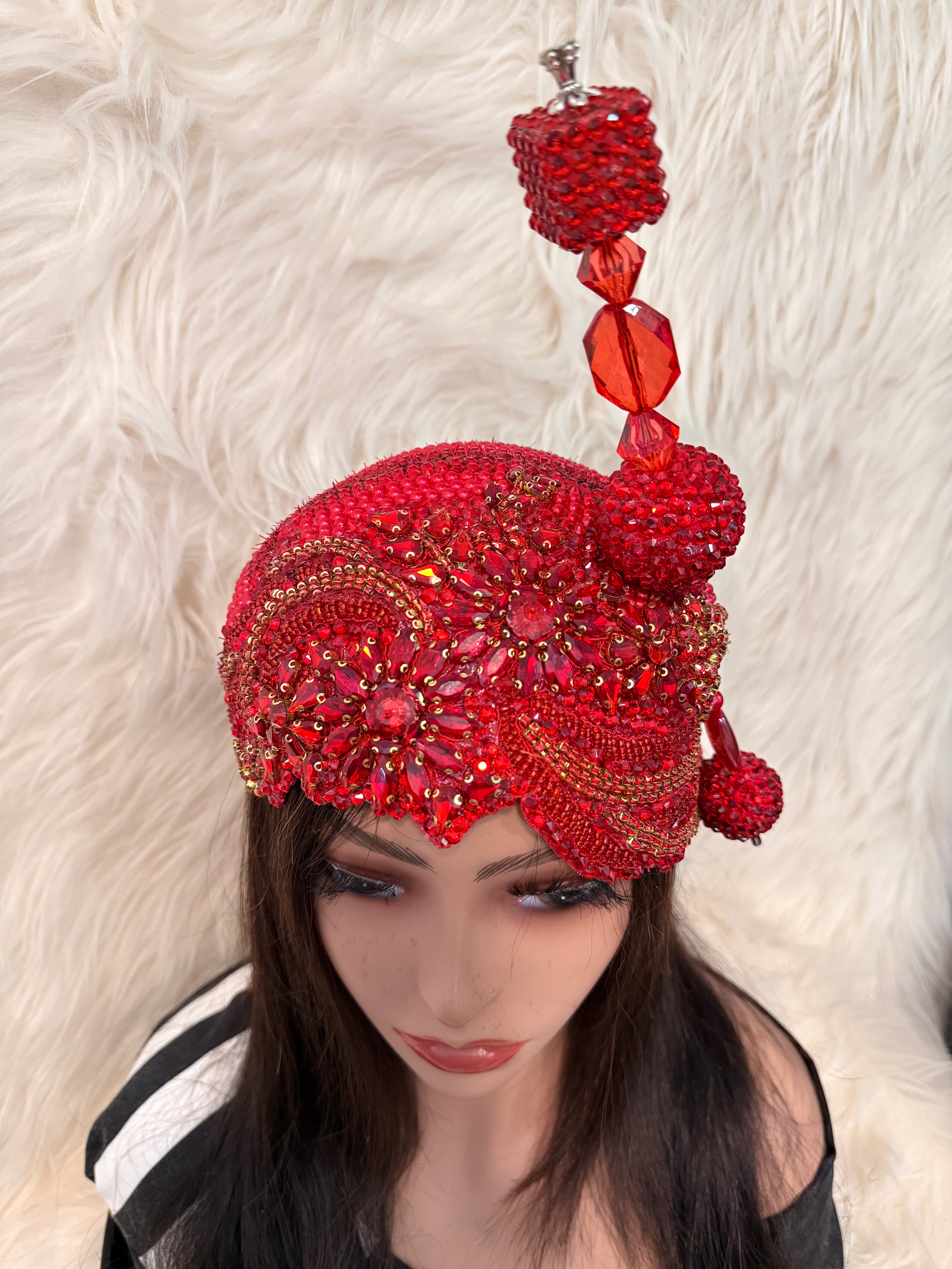 Ruby Red and Gold / w Oversize Hat Pin (3/4 Hat)
