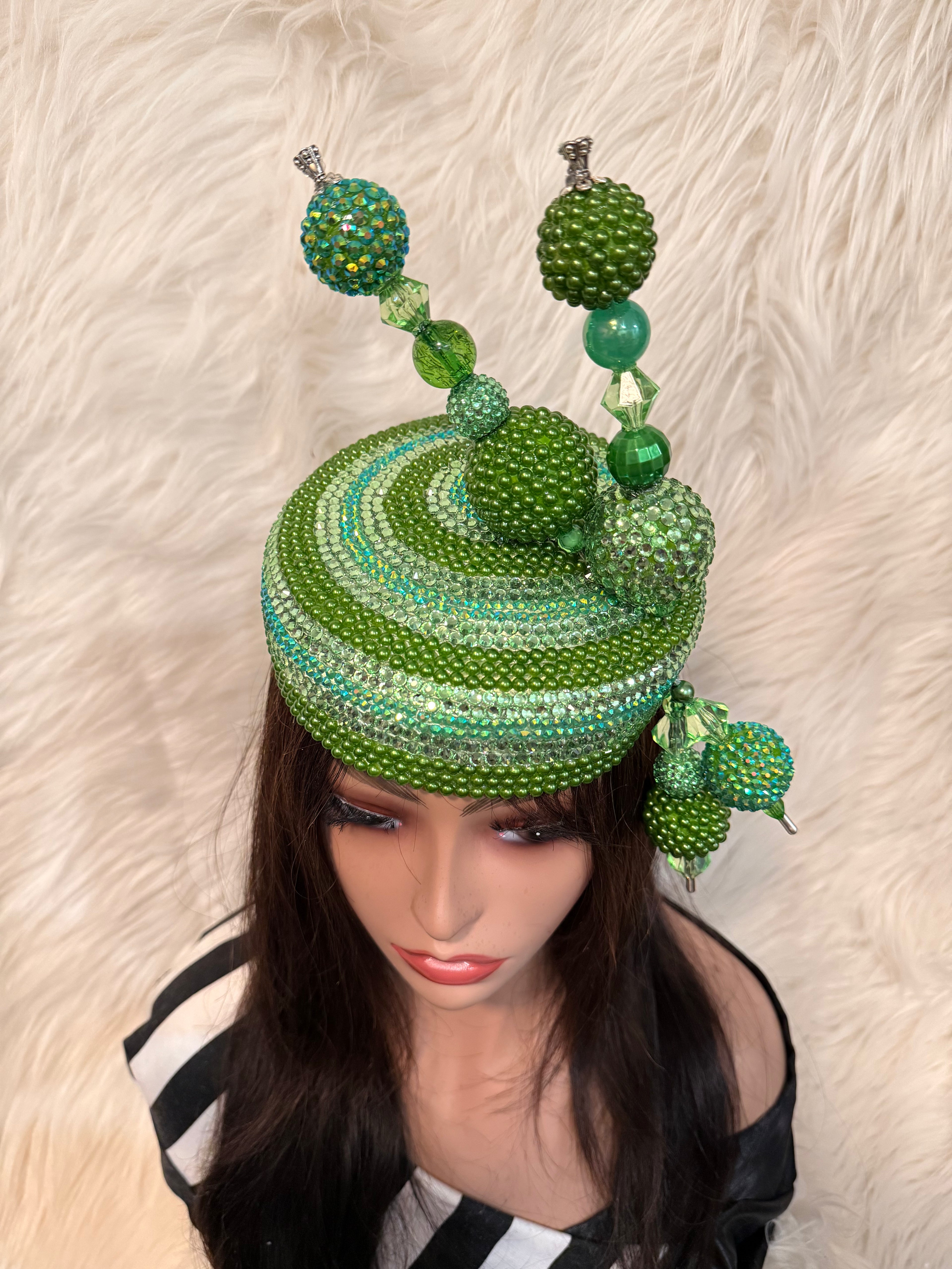 Lime Green Pillbox Crystal / Pearls / W 2 Oversized Hat Pins