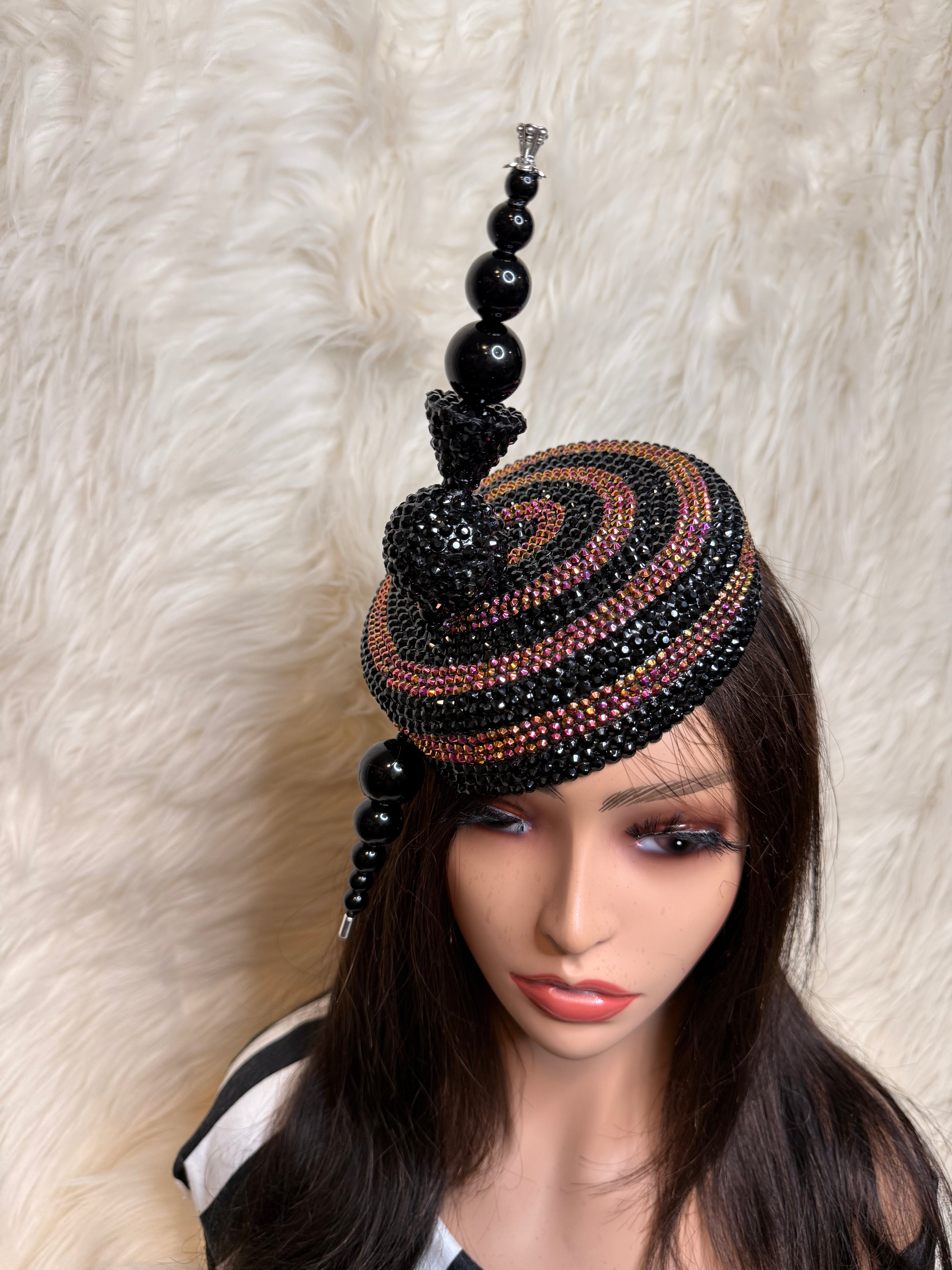 Black / Rust Pillbox Hat W Oversized Hat Pin