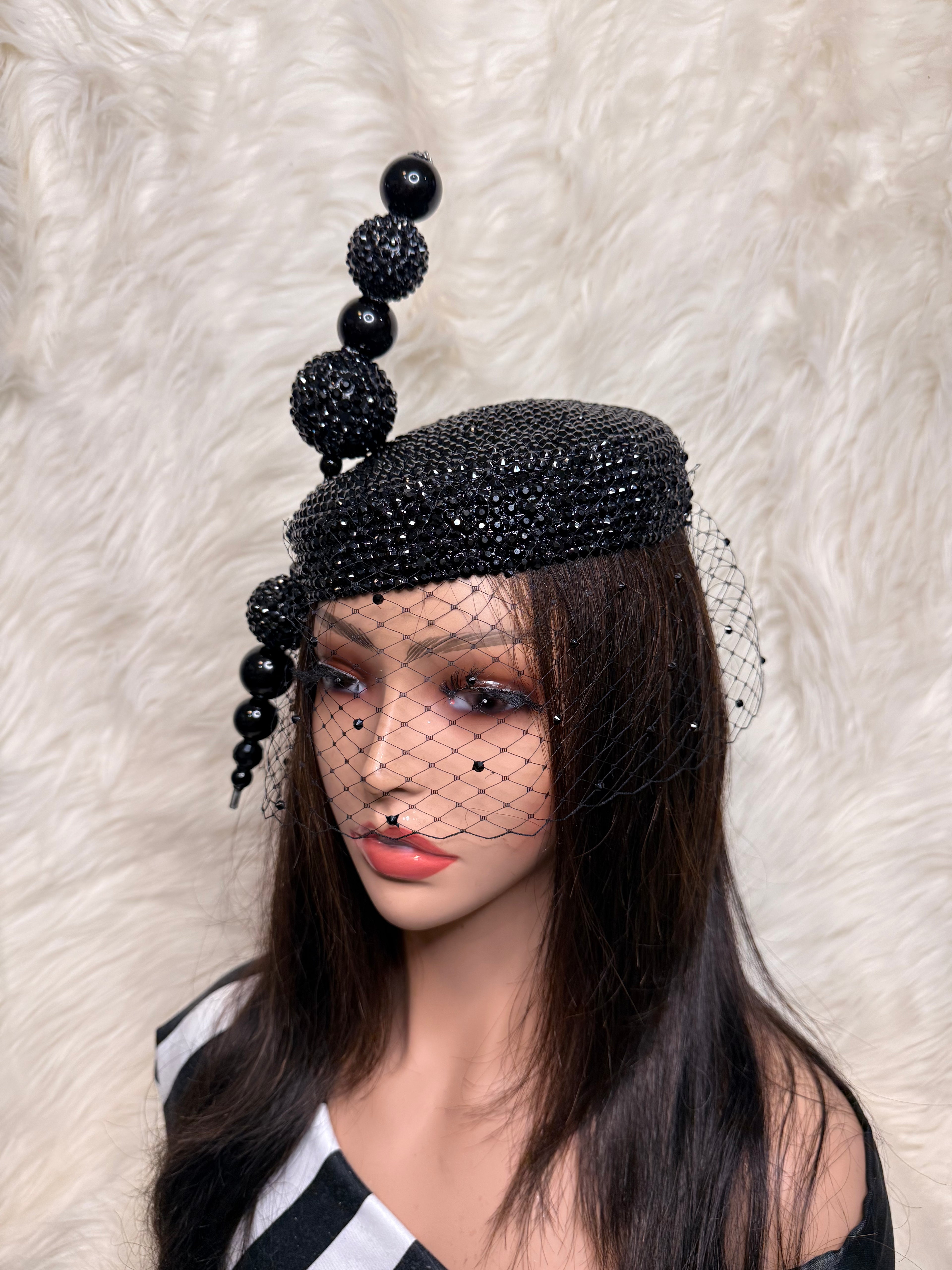Black Pillbox Crystal Hat