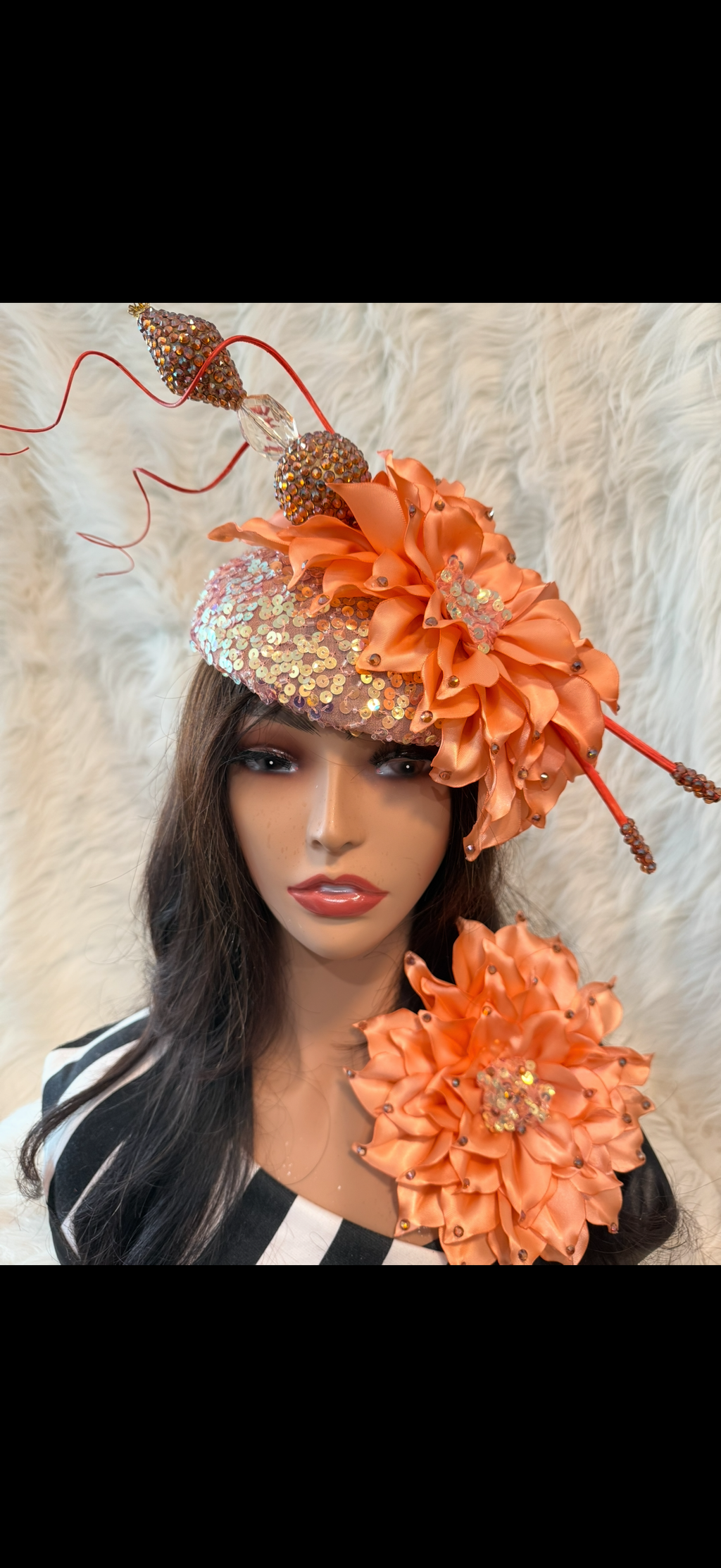 Peach sequins /W Oversized Hat Pin / Matching Brooch (3 SET )