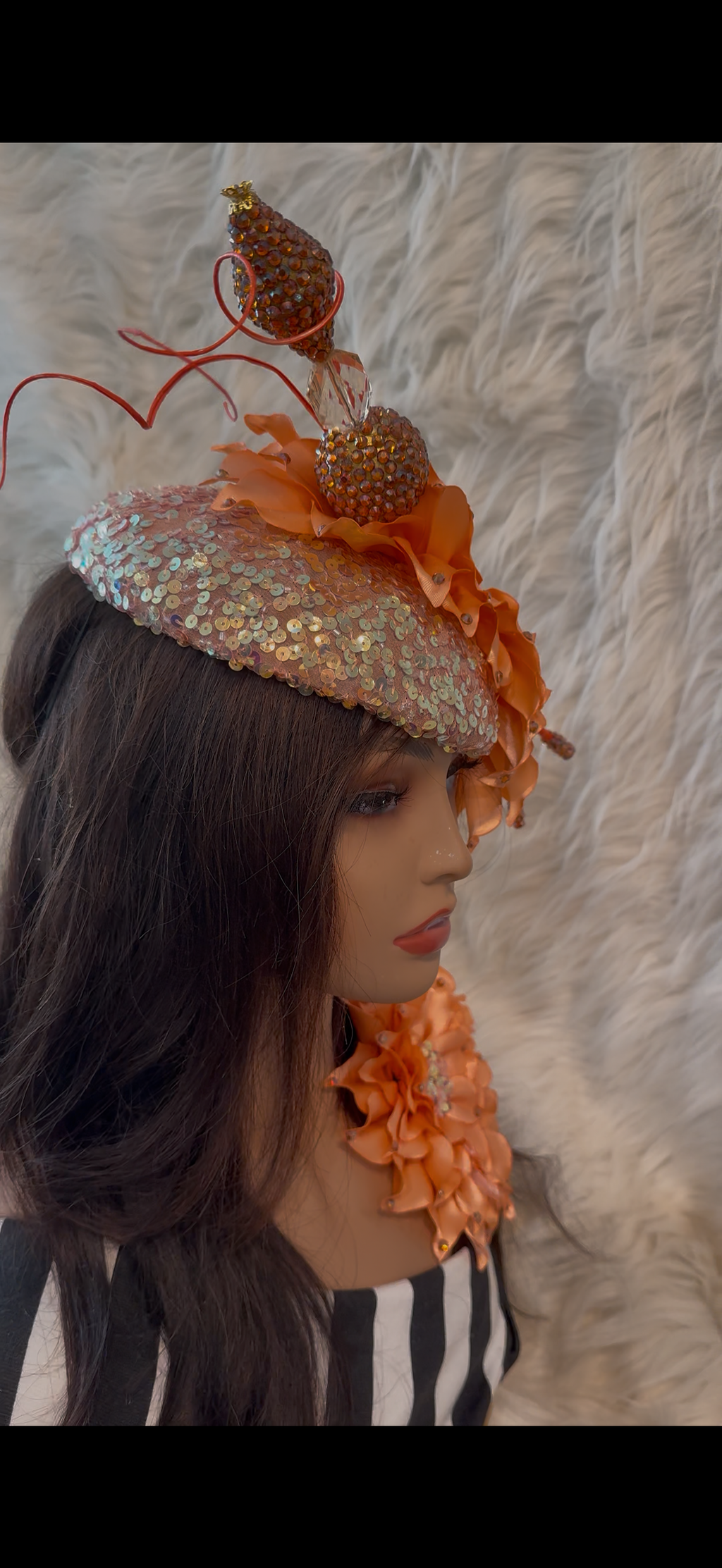 Peach sequins /W Oversized Hat Pin / Matching Brooch (3 SET )