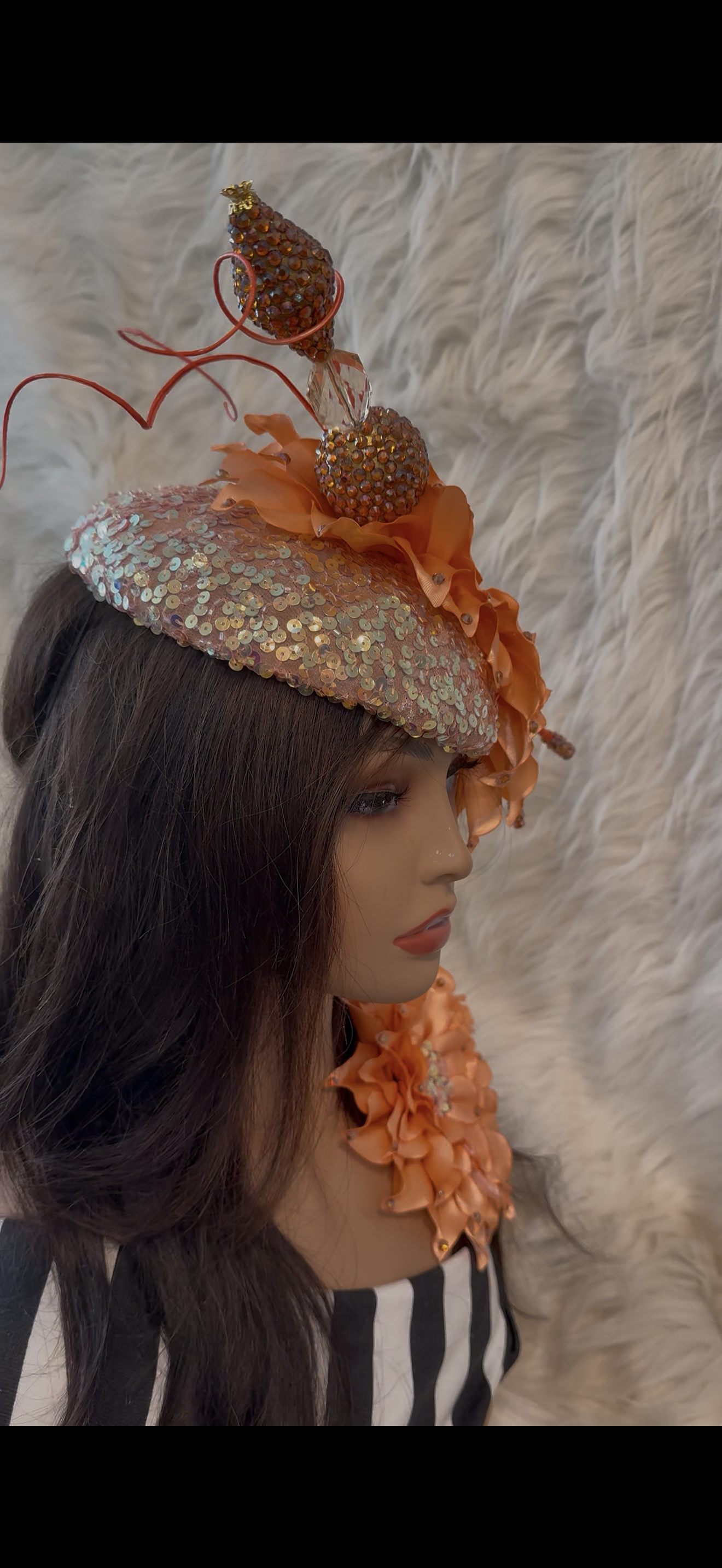 Peach sequins /W Oversized Hat Pin / Matching Brooch (3 SET )