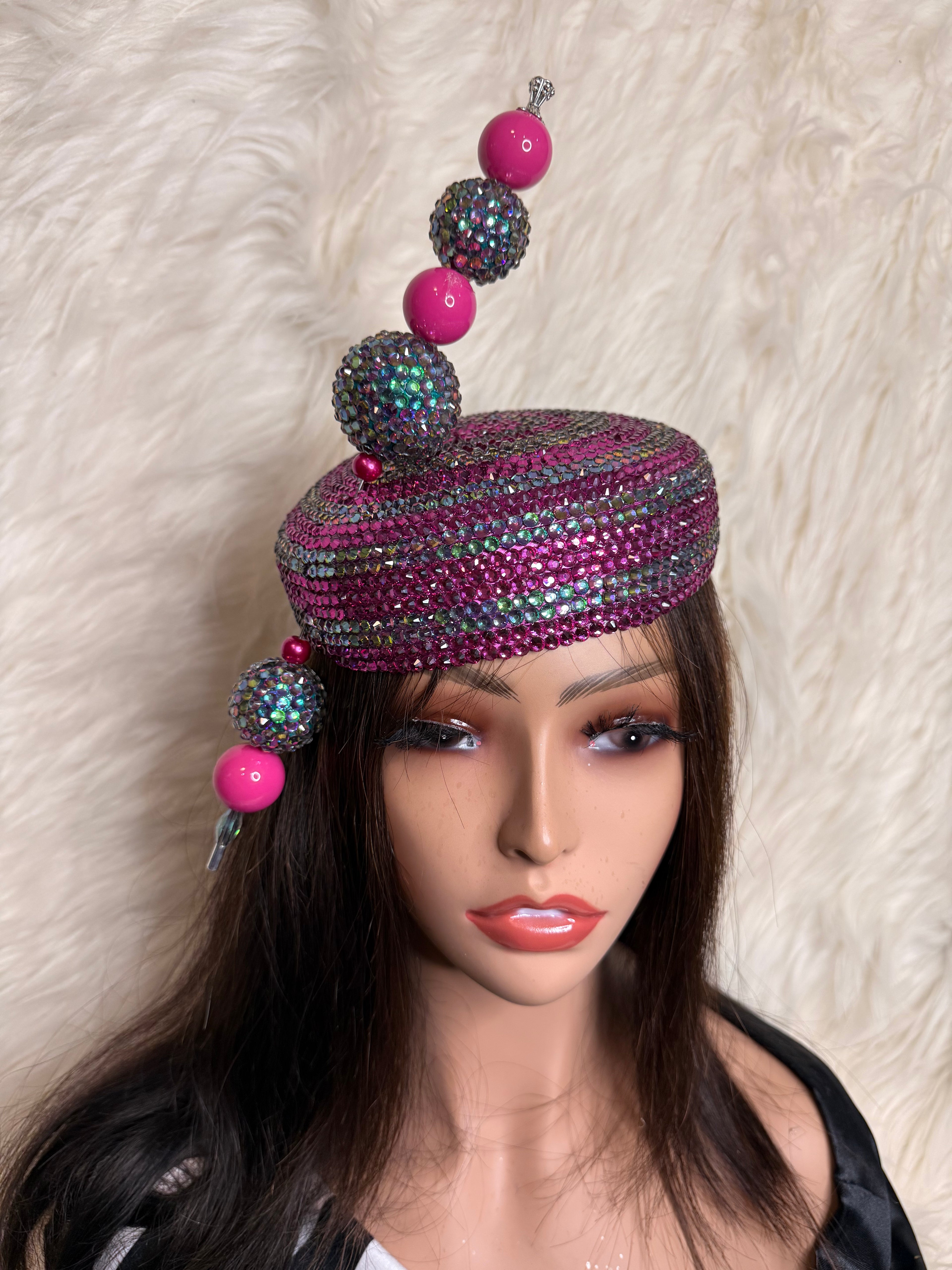 Rose Pink Crystal and AB Crystal Pillbox / W Oversized Hat Pin