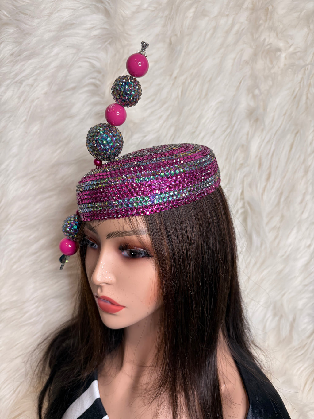 Rose Pink Crystal and AB Crystal Pillbox / W Oversized Hat Pin