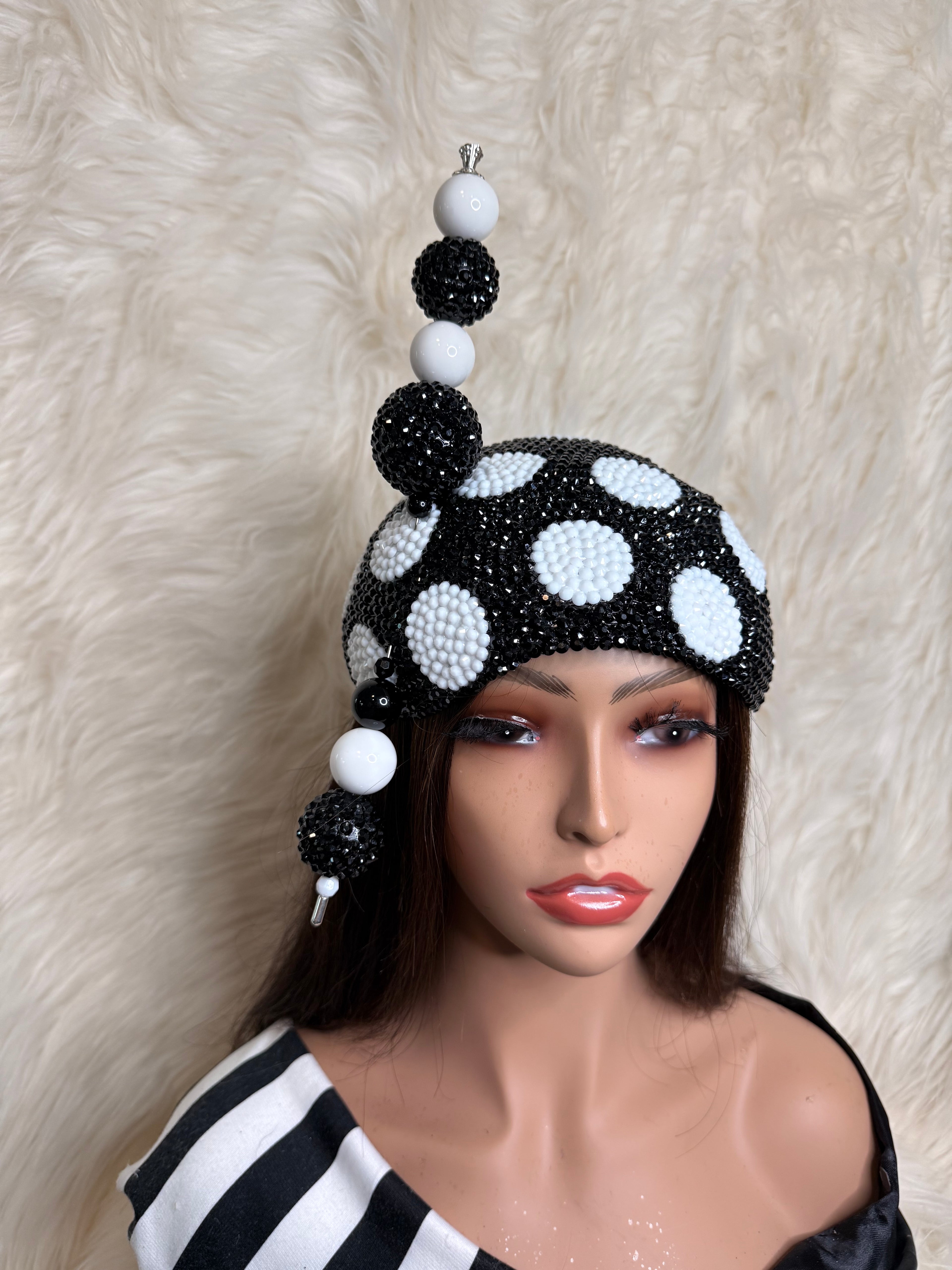 Black / White Polka Dot Crystal 3/4 Hat / W Oversized Hat Pin