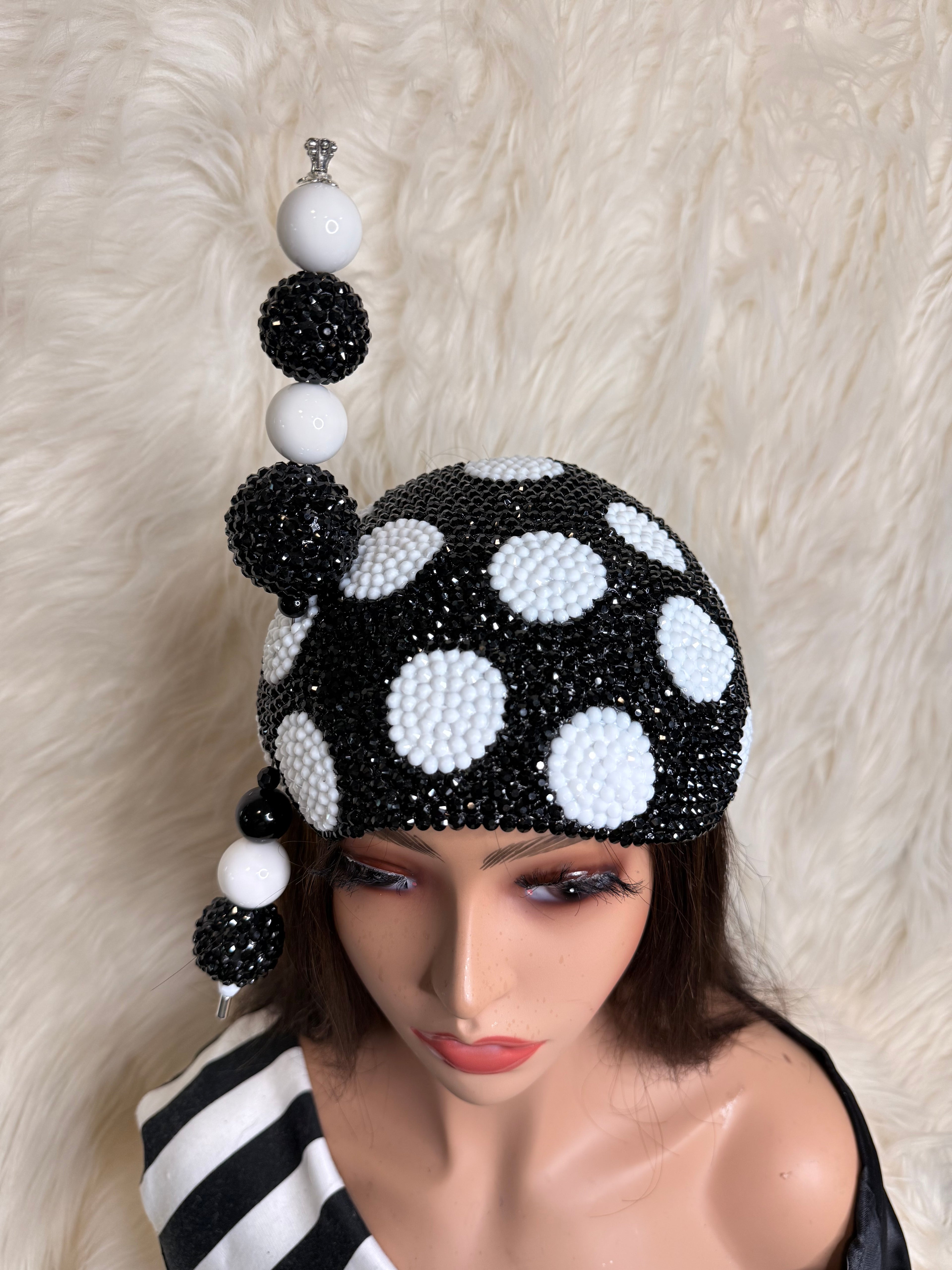 Black / White Polka Dot Crystal 3/4 Hat / W Oversized Hat Pin