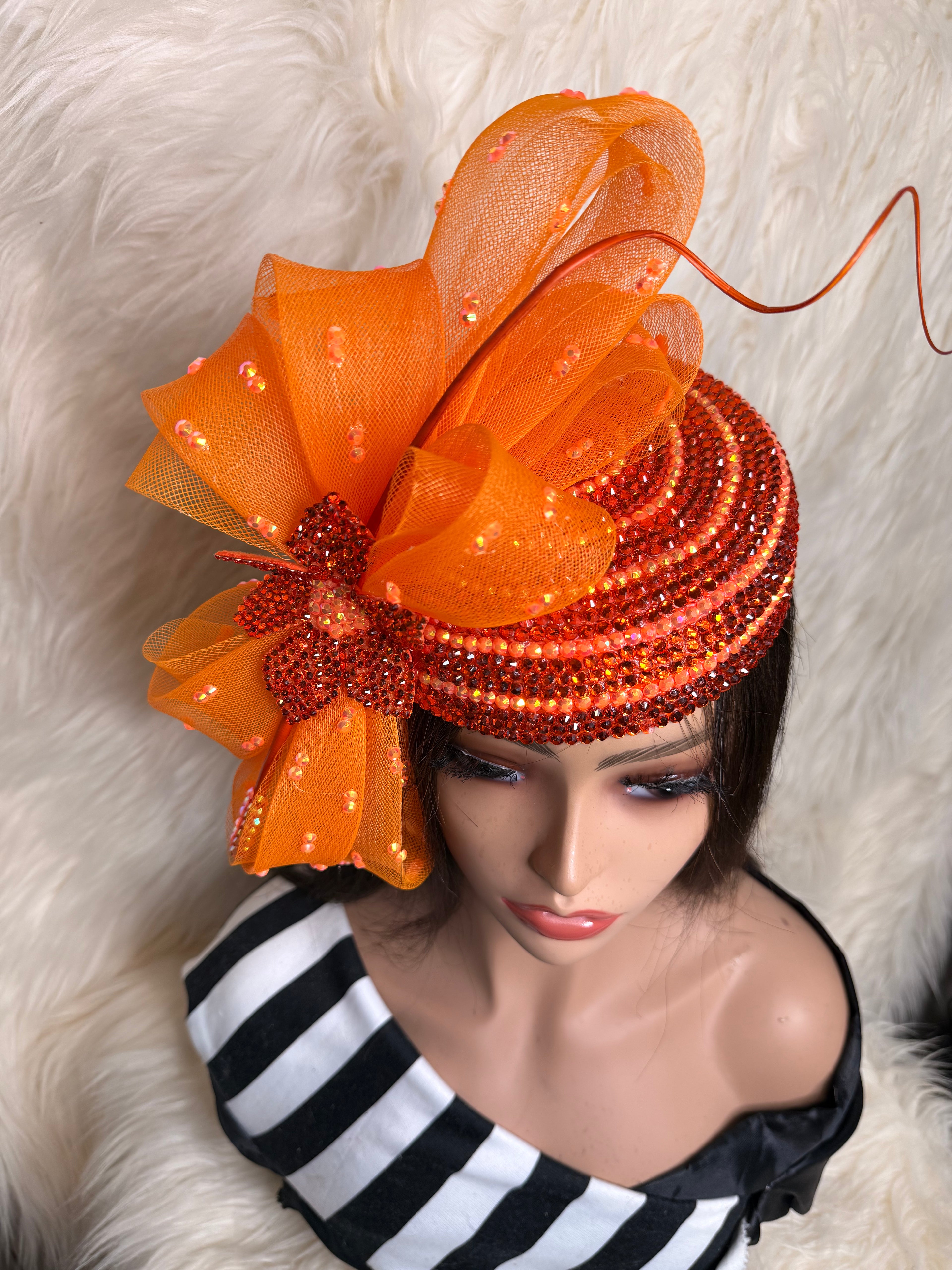 Orange Pillbox Crystal Hat