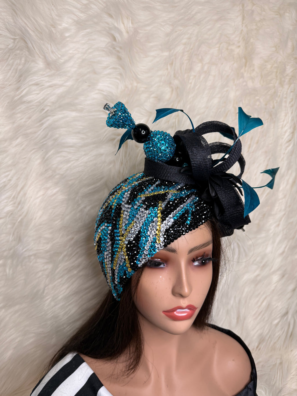 Peacock Blue Crystal Cascade / W Oversized Hat Pin