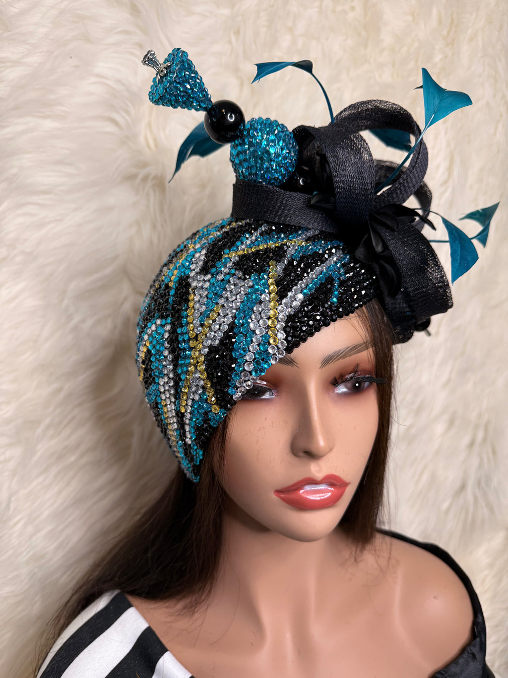 Peacock Blue Crystal Cascade / W Oversized Hat Pin