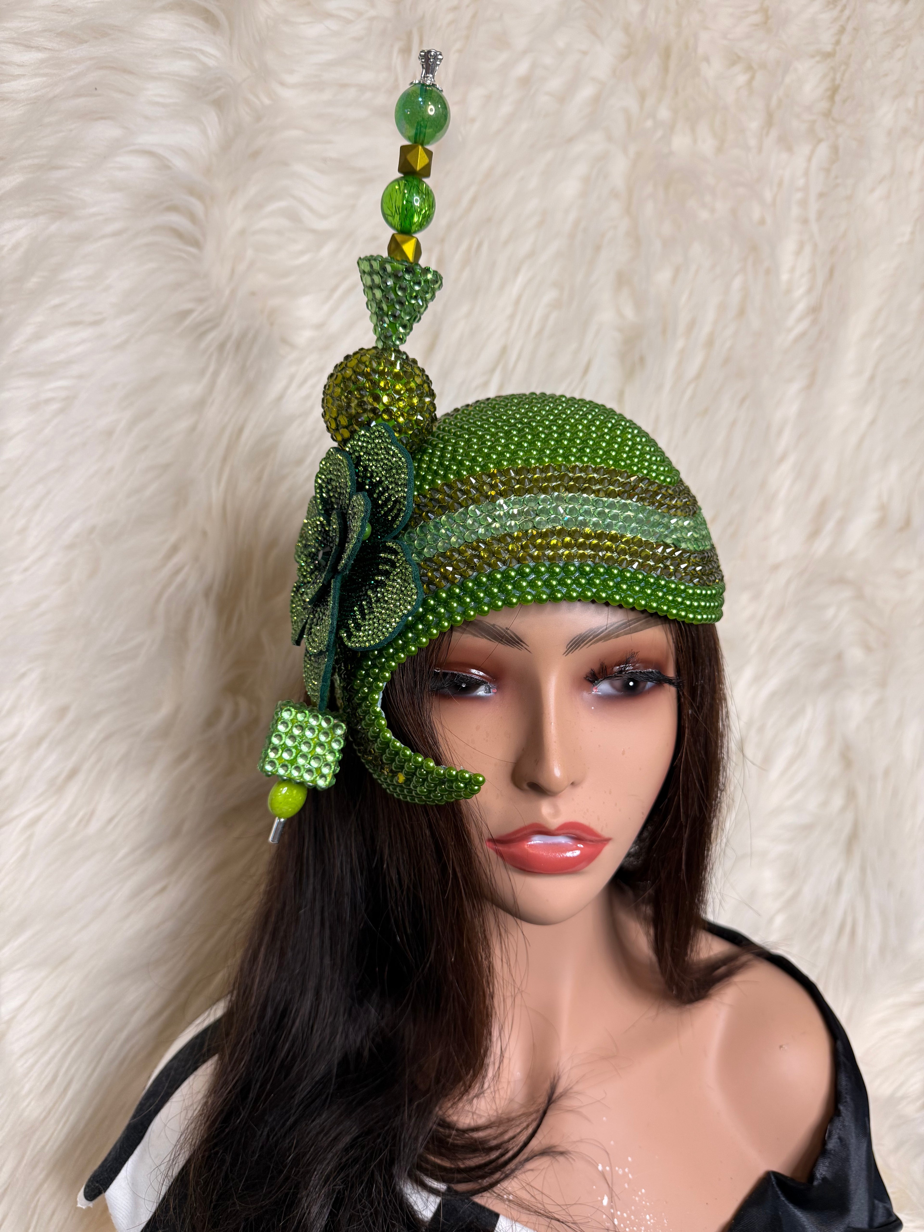 Olive Green Crystal Hat / W Oversized Hat Pin