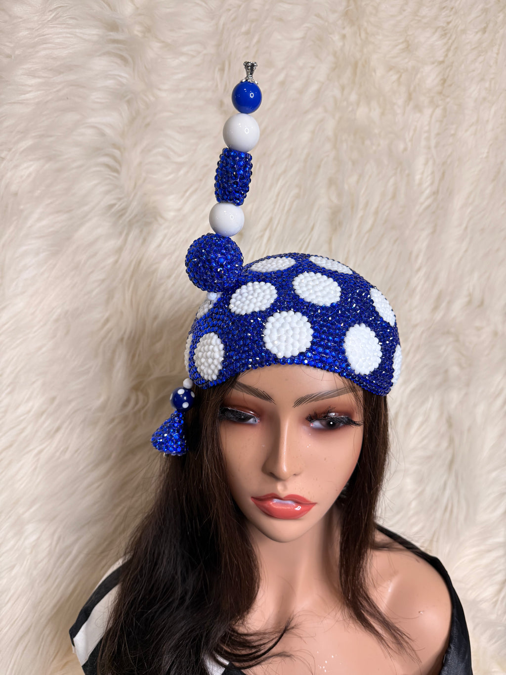 Royal Blue and White Polka Dot Crystal / W Oversized Hat Pin