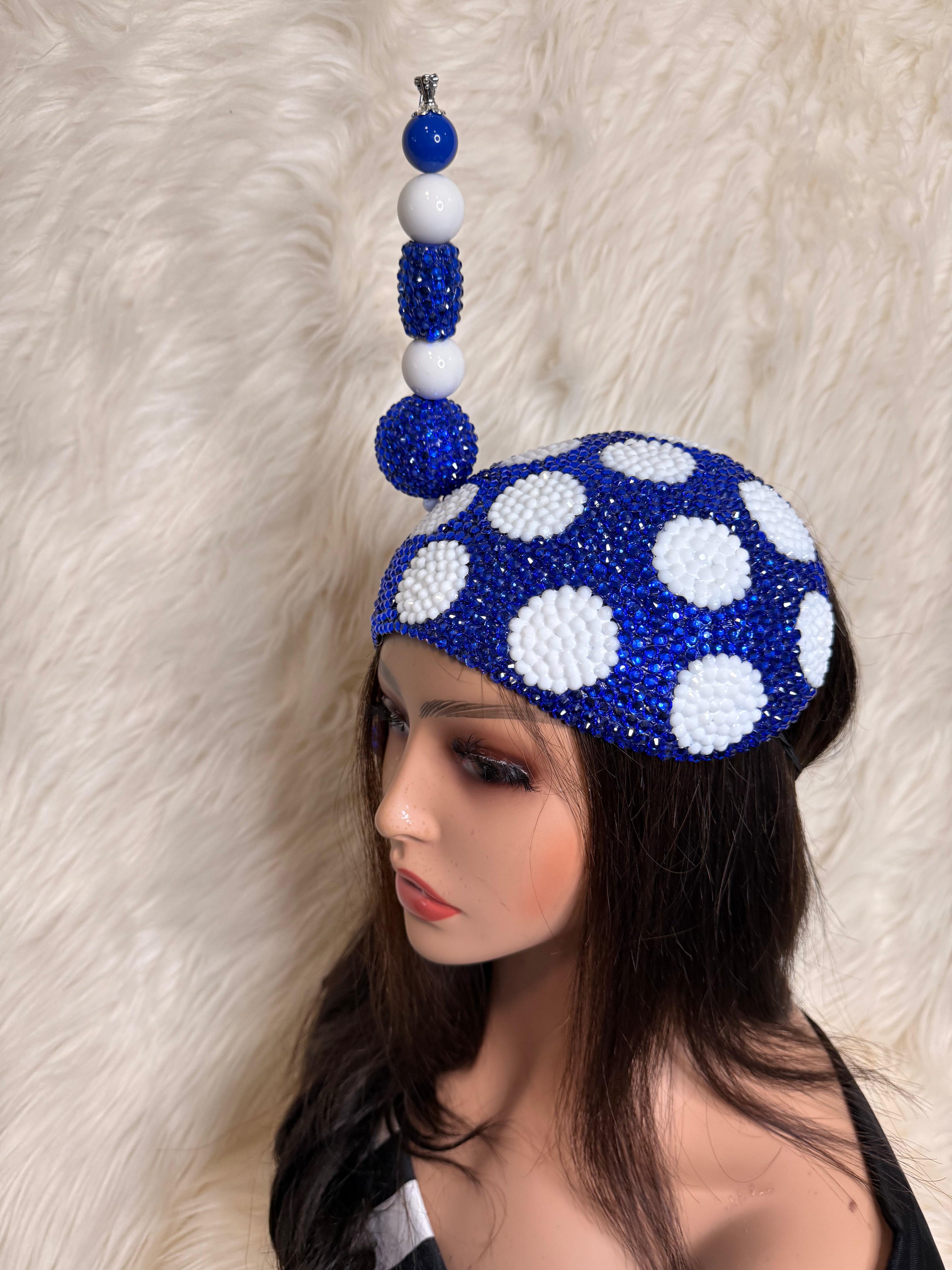 Royal Blue and White Polka Dot Crystal / W Oversized Hat Pin