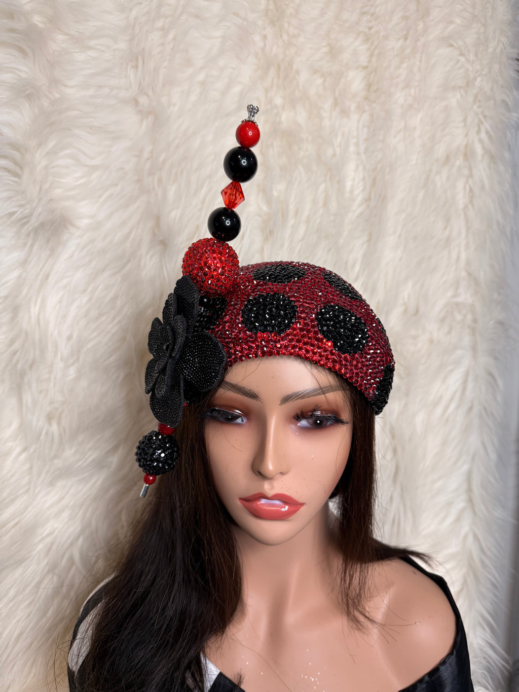 Red and Black Polka Dot Crystal 3/4 Hat / W Oversized Hat Pin