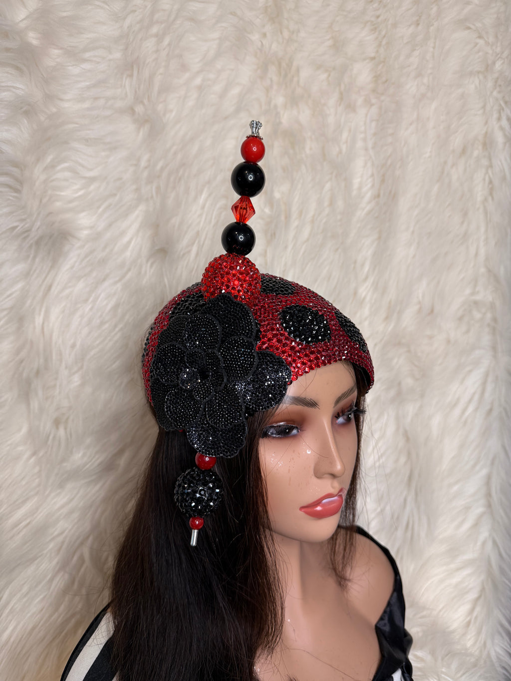 Red and Black Polka Dot Crystal 3/4 Hat / W Oversized Hat Pin