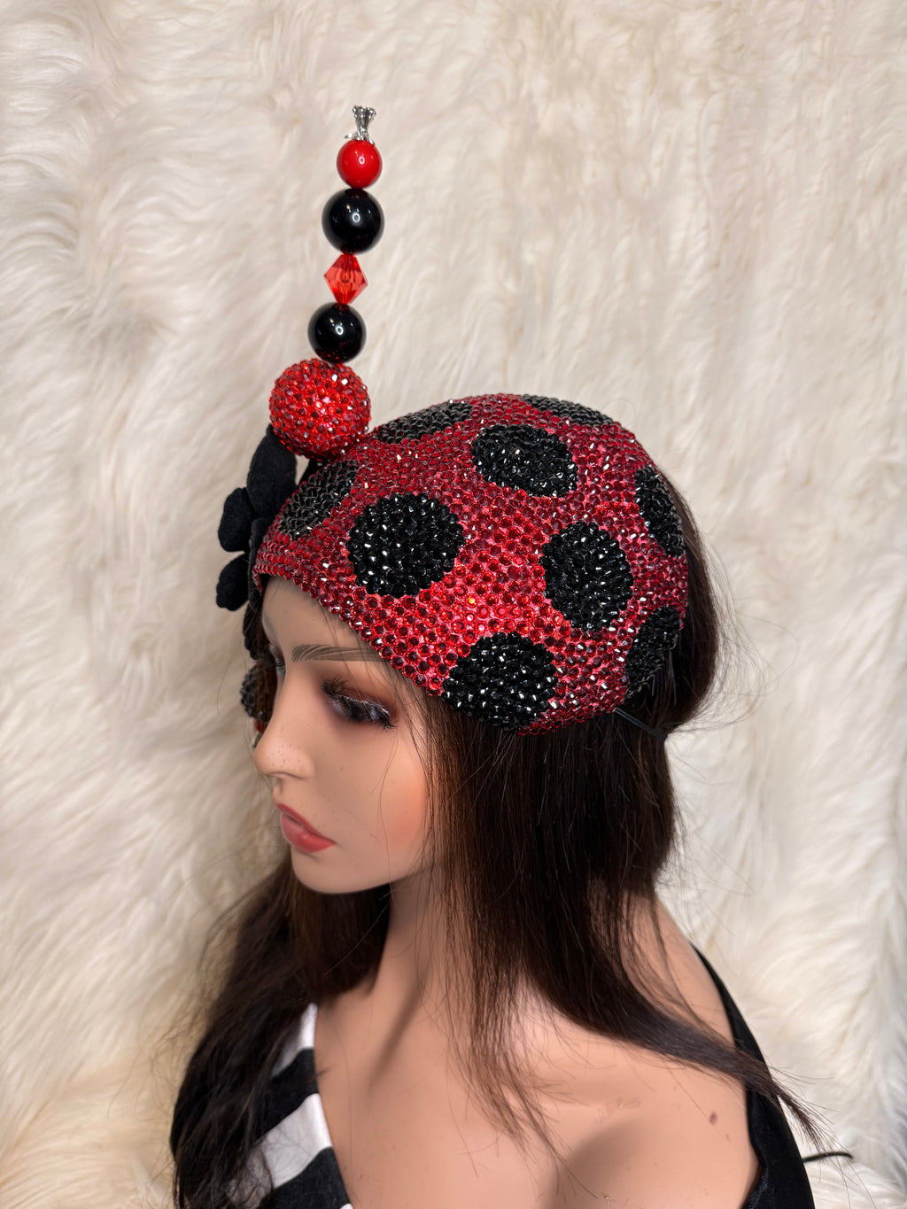Red and Black Polka Dot Crystal 3/4 Hat / W Oversized Hat Pin
