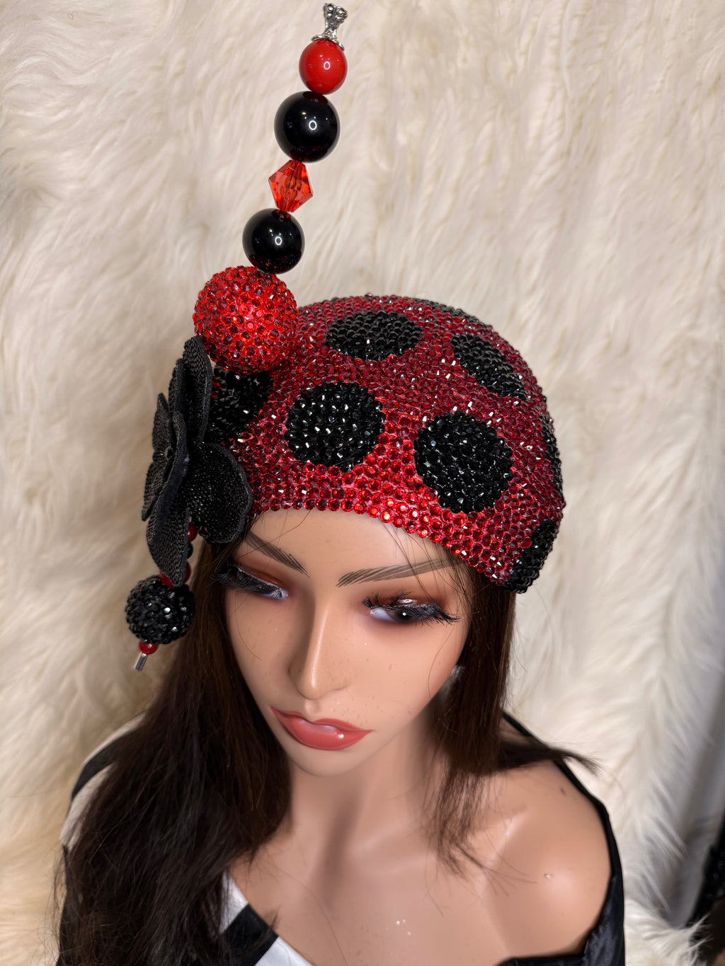 Red and Black Polka Dot Crystal 3/4 Hat / W Oversized Hat Pin